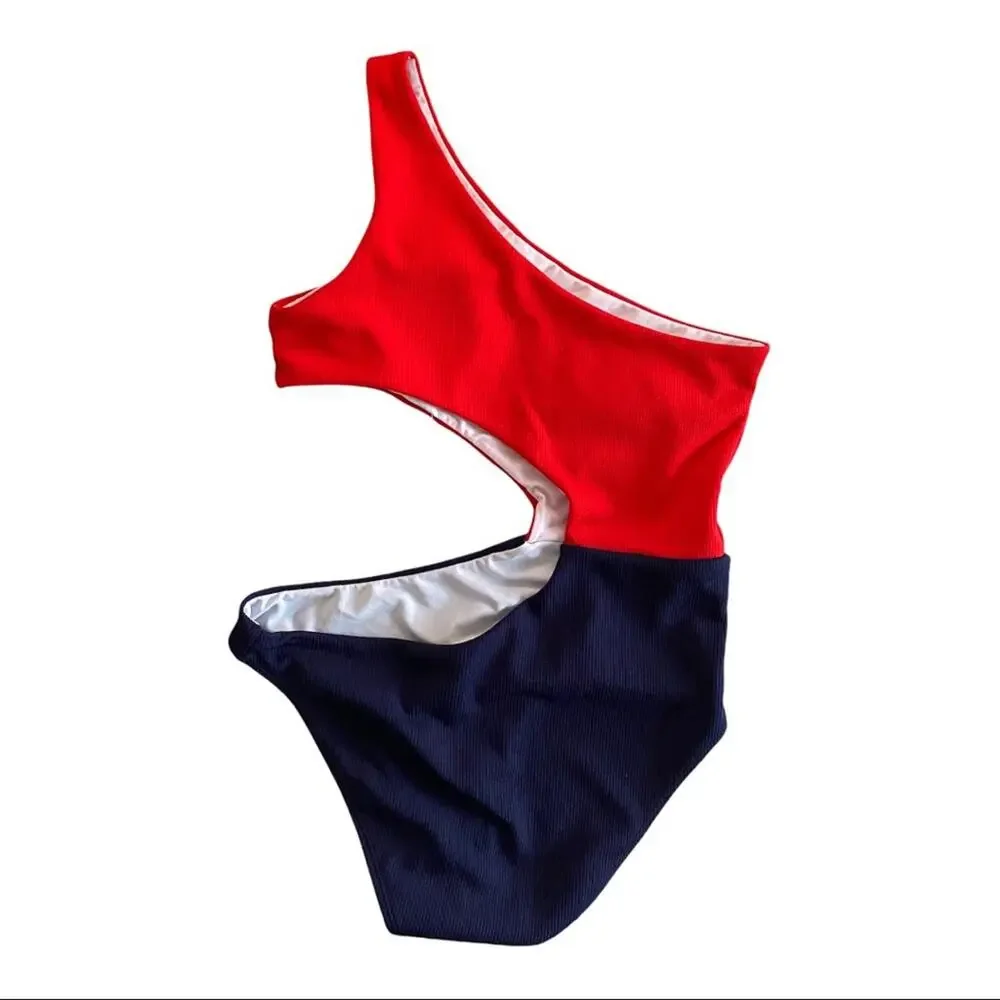 SHEIN Red Navy Colorblock One Shoulder Cut Out One Piece Swimsuit Size Large